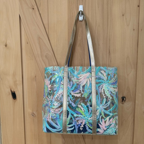 Lilly Pulitzer Clear PVC Sweet Escape Print Tote Flora Beach Bag Gold Trim - Picture 16 of 16